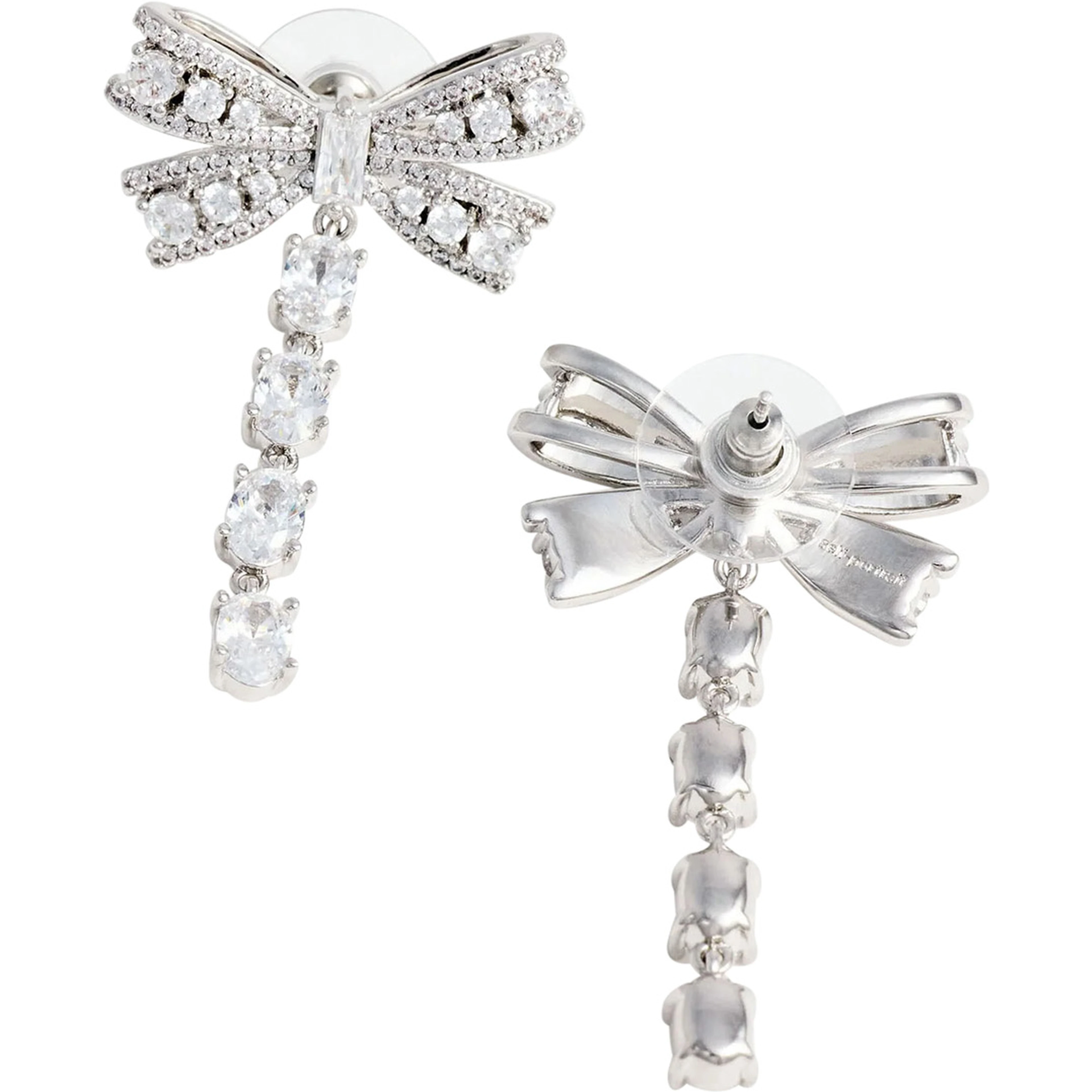 Silver-Colored Bow and Crystal Drop Earrings in Metal for Women