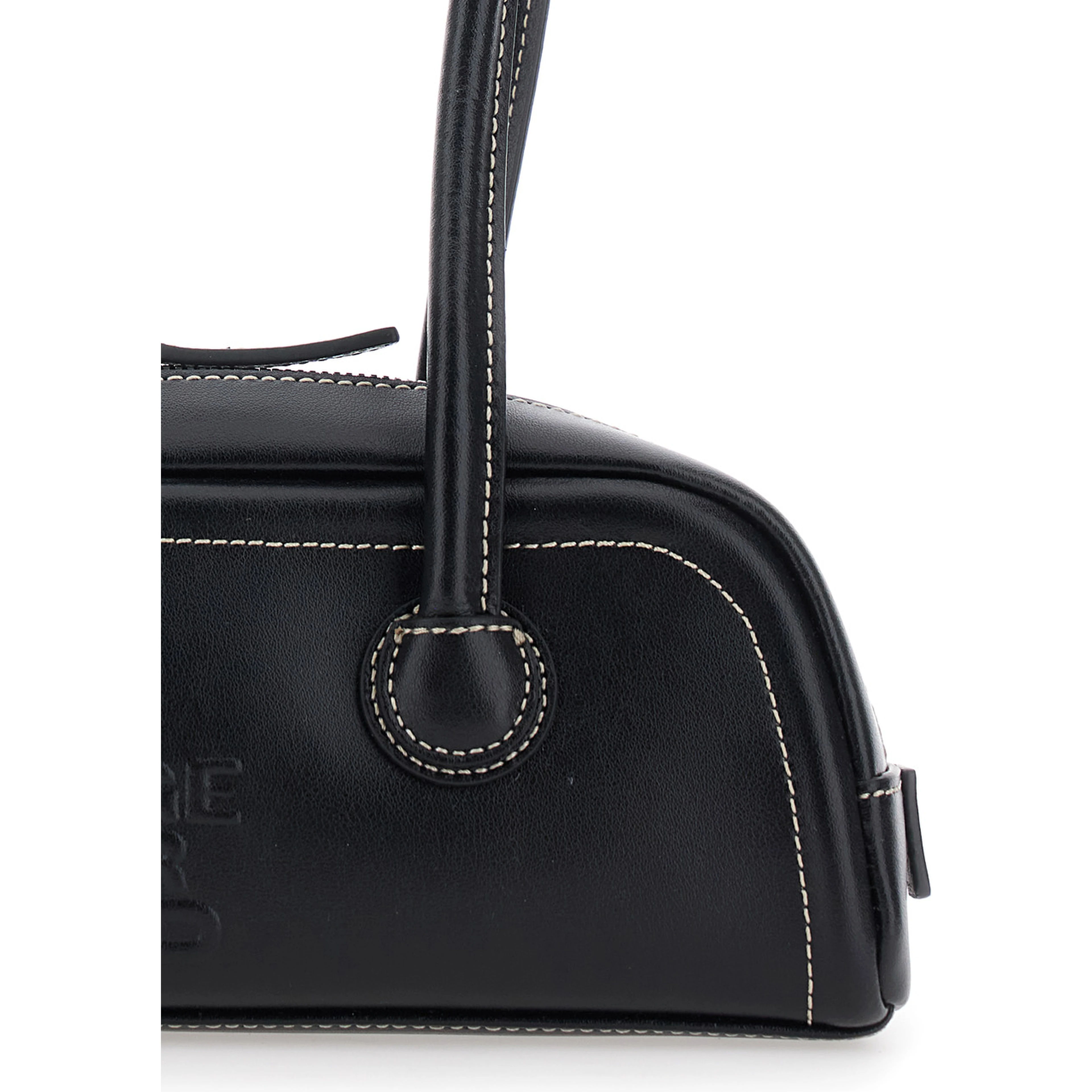 Soft Boston Mini Black Shoulder bag with Two Top Handles and Logo lettering on the Front in Leather for Women