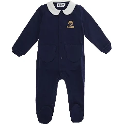 blue romper with classic collar and front logo in cotton Baby