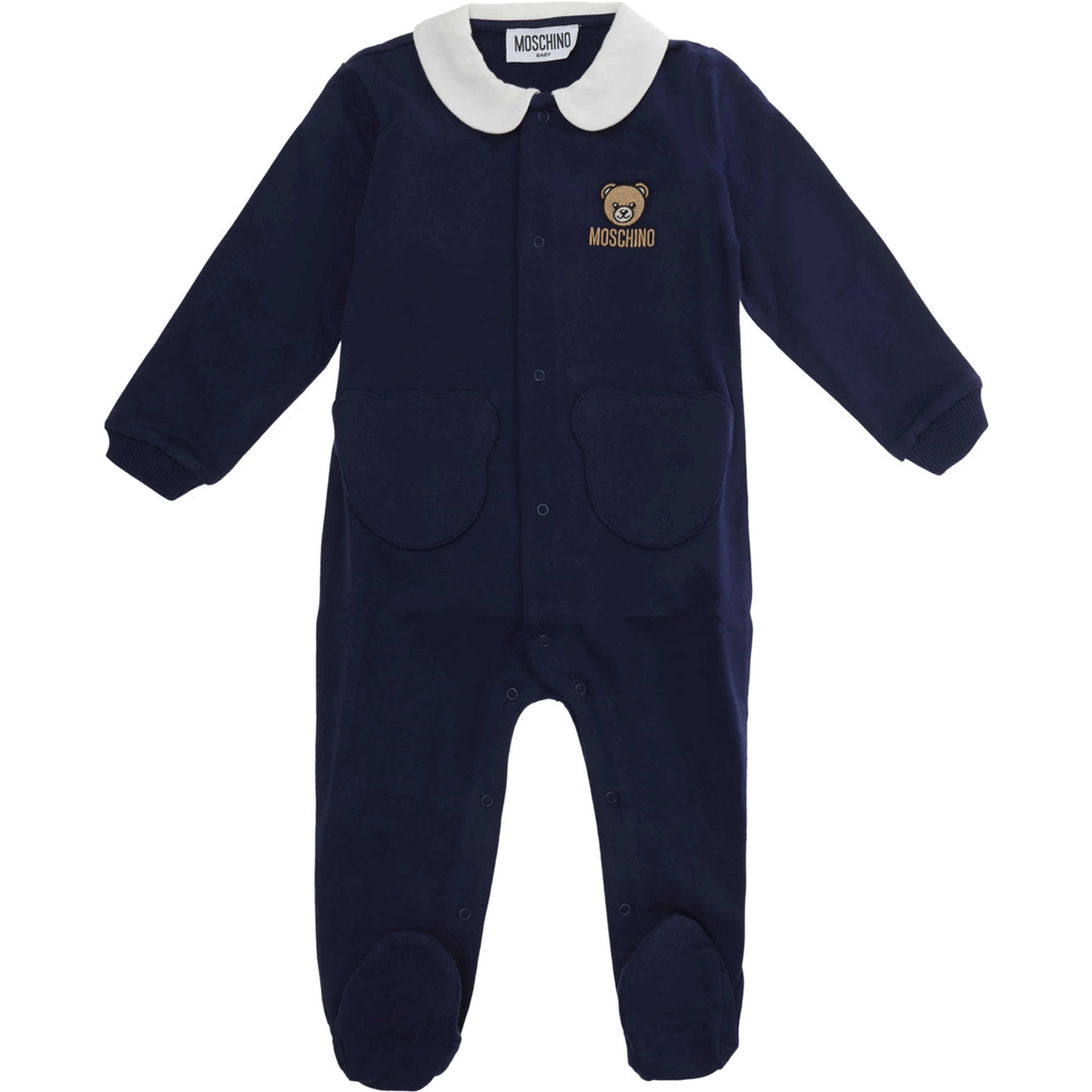 blue romper with classic collar and front logo in cotton Baby