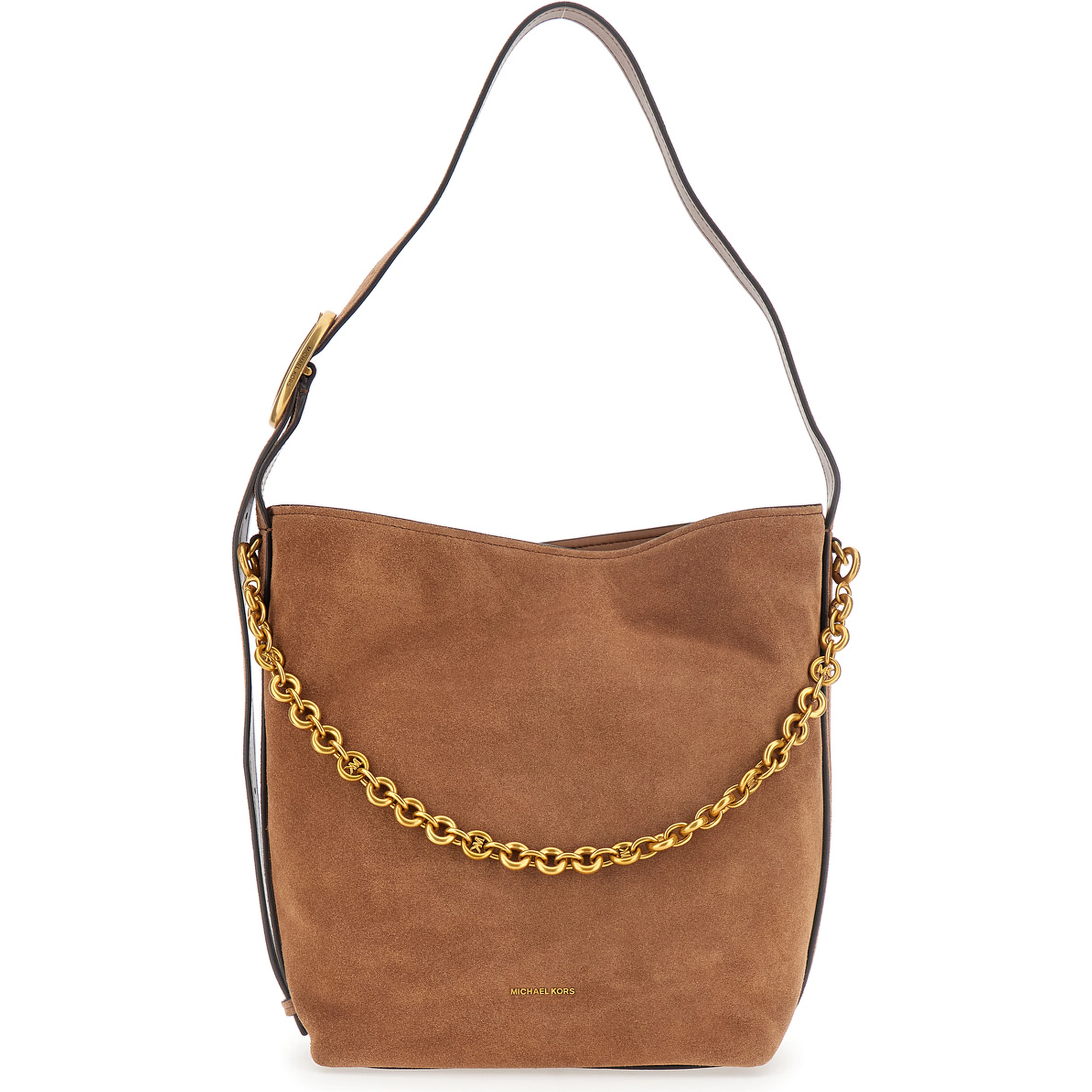 Brown Shoulder Bag with Chain Detail and Logo Lettering on the Front in Suede for Women
