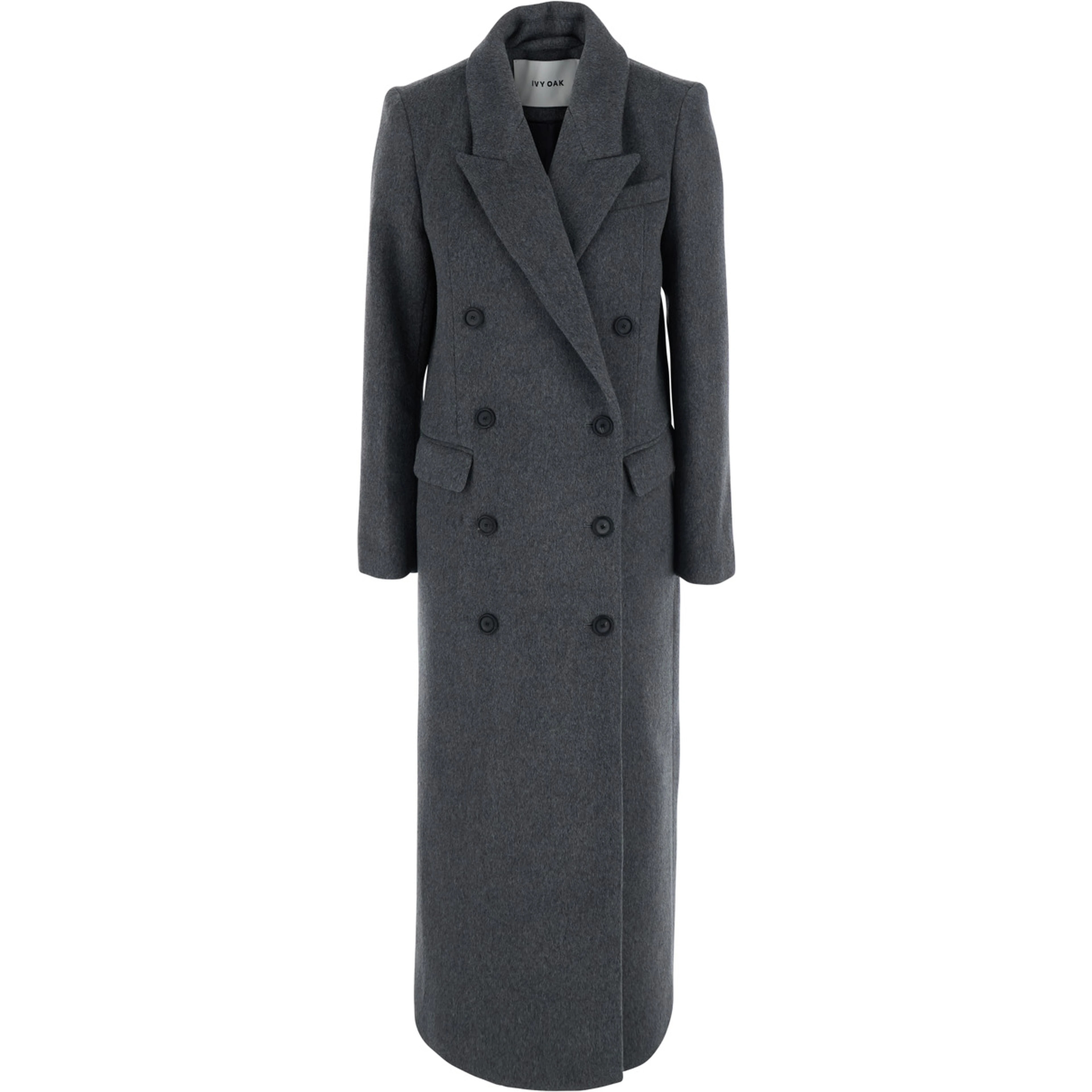 Chloris Coat is a long coat with notched revers and pockets. Made of wool. Gray color. Womens