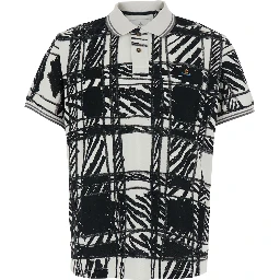 black and white Polo Shirt with all-over print and embroidered logo in cotton for Men