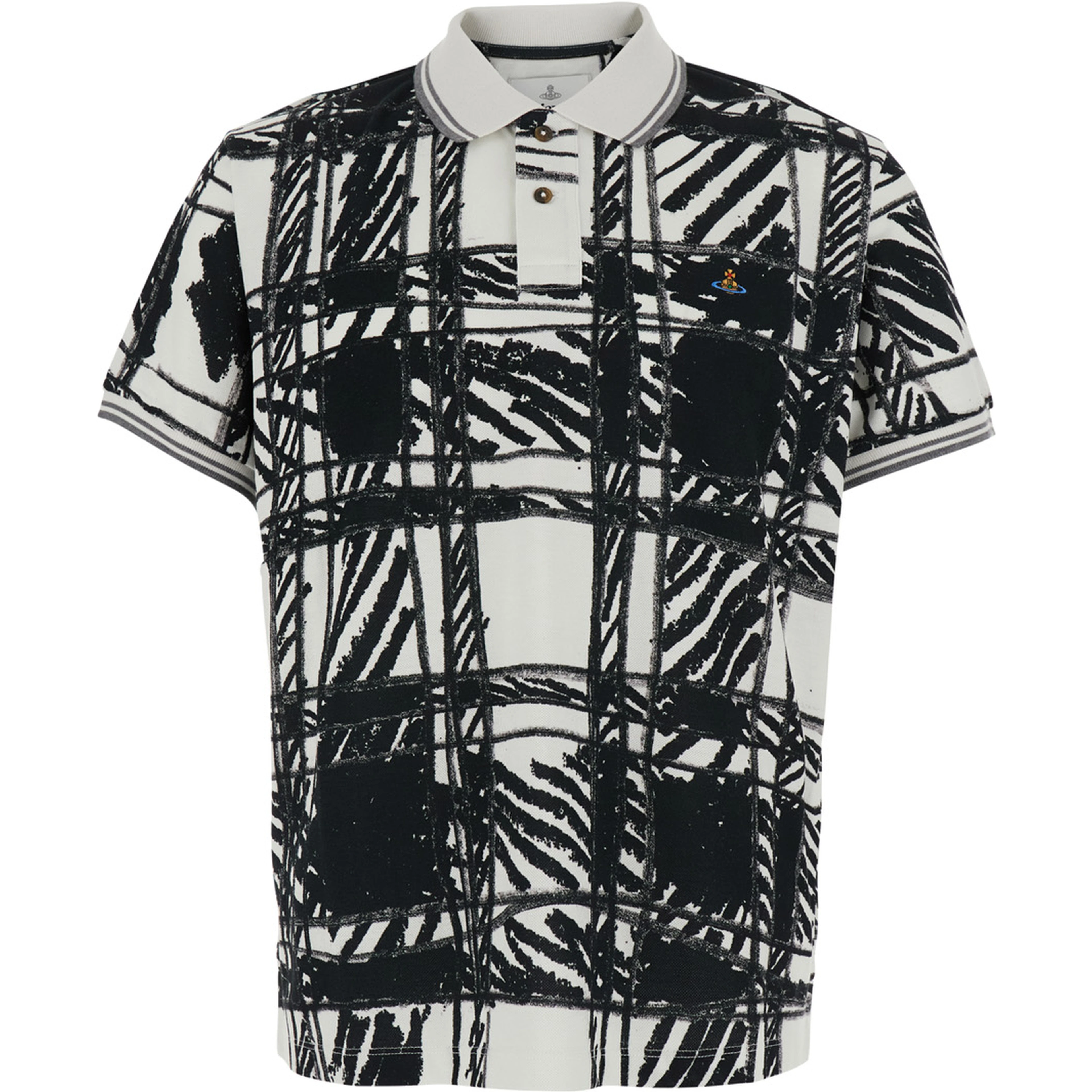 black and white Polo Shirt with all-over print and embroidered logo in cotton for Men