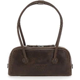 Soft Boston Ew Brown Shoulder bag with Two Top Handles and Logo lettering on the Front in Leather for Women