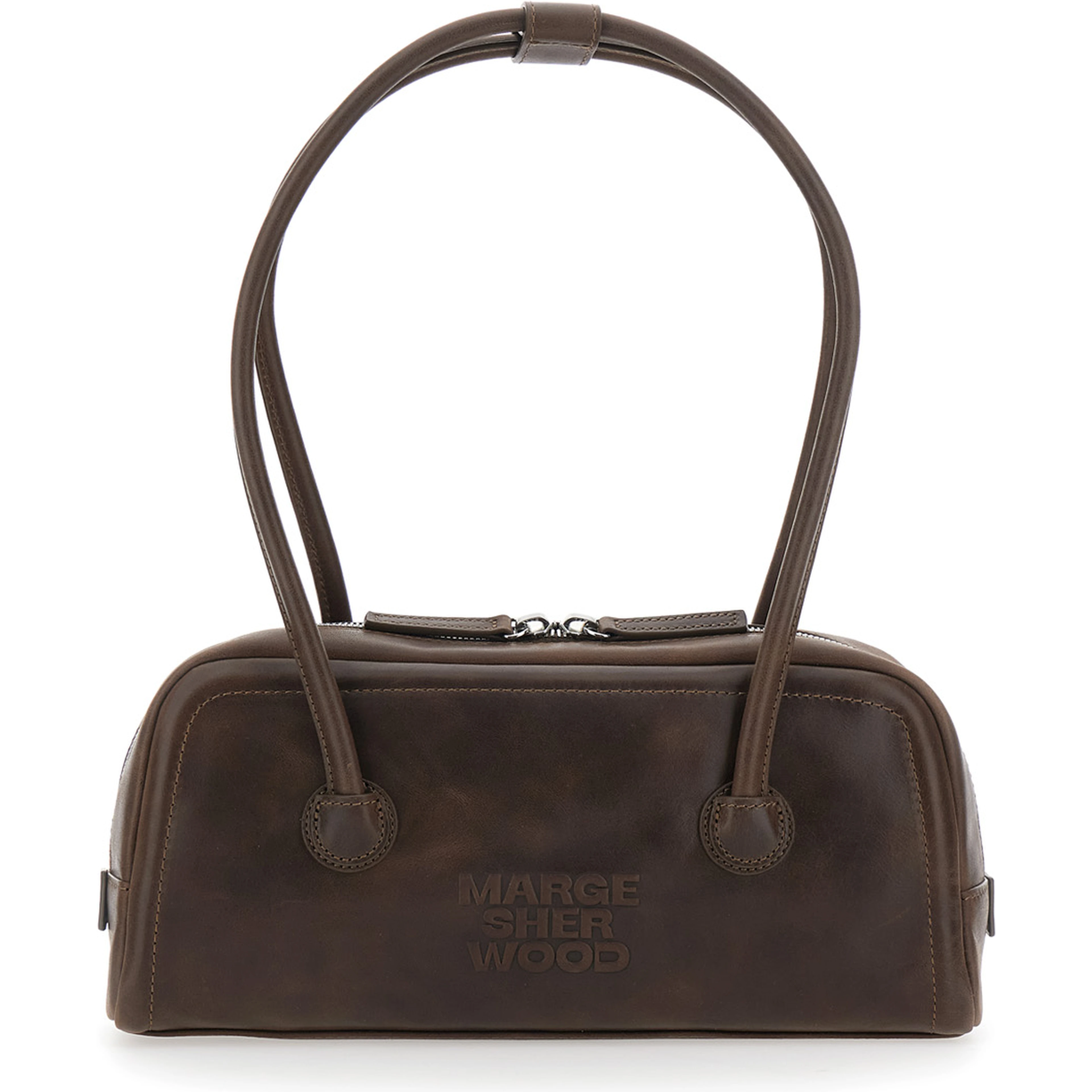 Soft Boston Ew Brown Shoulder bag with Two Top Handles and Logo lettering on the Front in Leather for Women