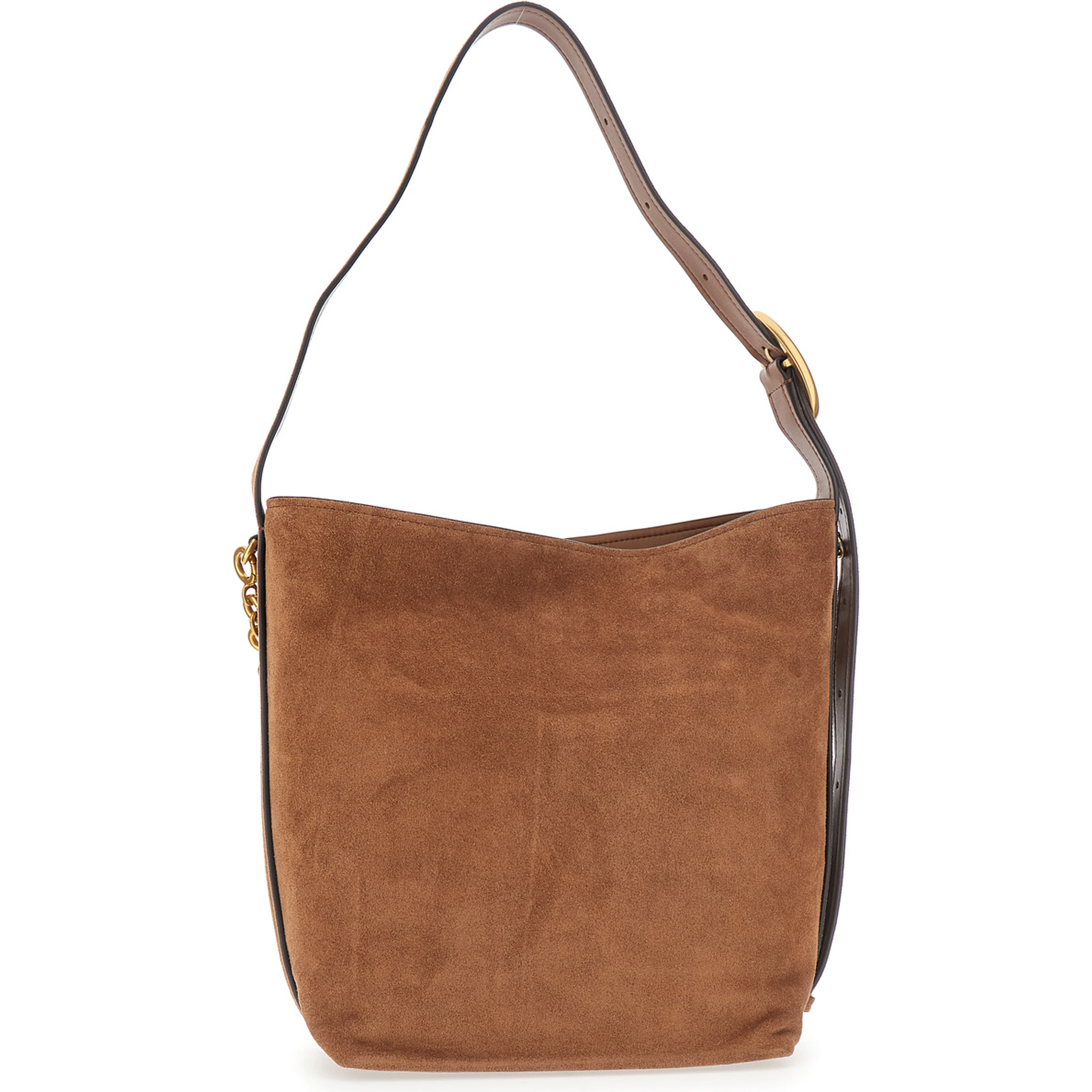 Brown Shoulder Bag with Chain Detail and Logo Lettering on the Front in Suede for Women