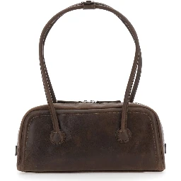 Soft Boston Ew Brown Shoulder bag with Two Top Handles and Logo lettering on the Front in Leather for Women