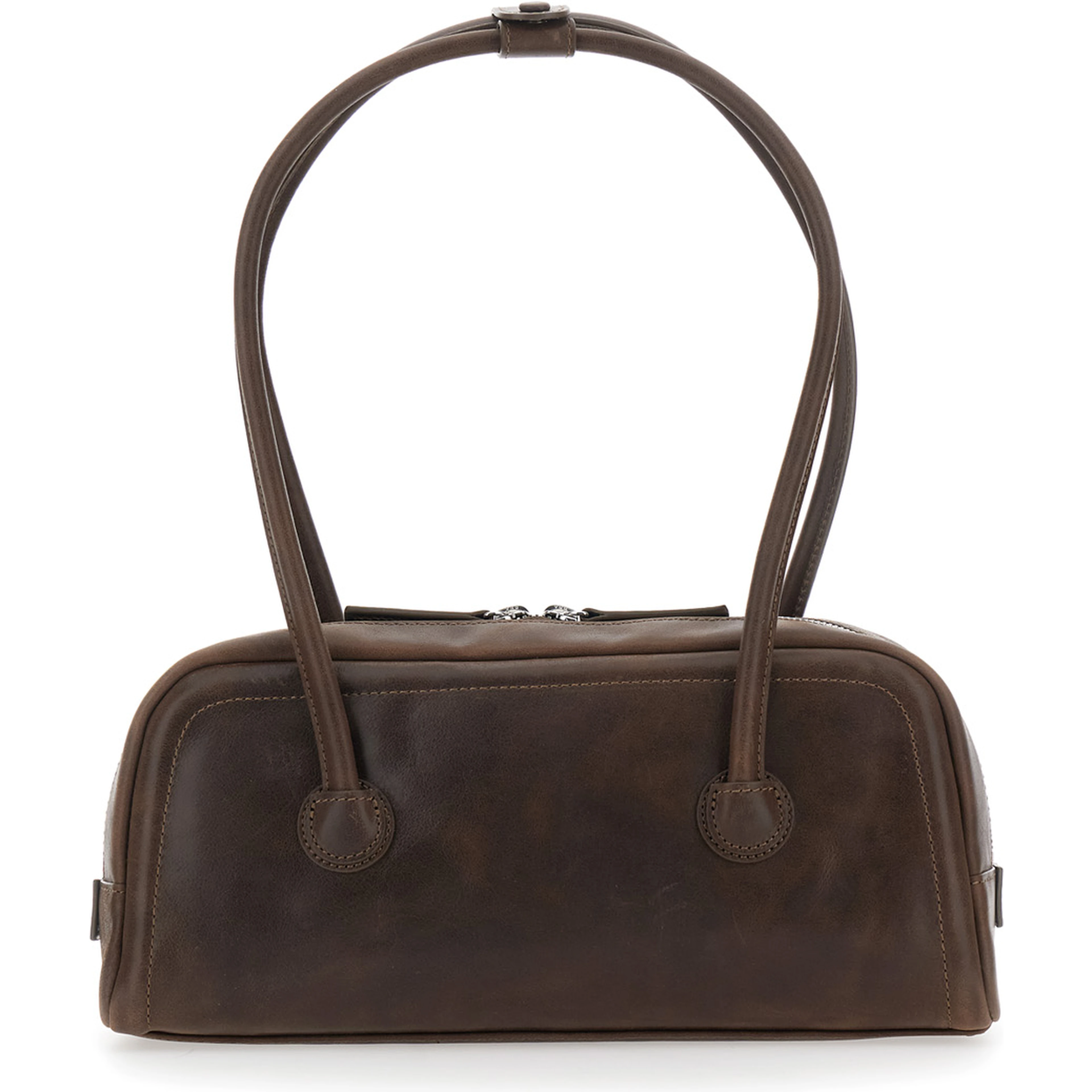 Soft Boston Ew Brown Shoulder bag with Two Top Handles and Logo lettering on the Front in Leather for Women