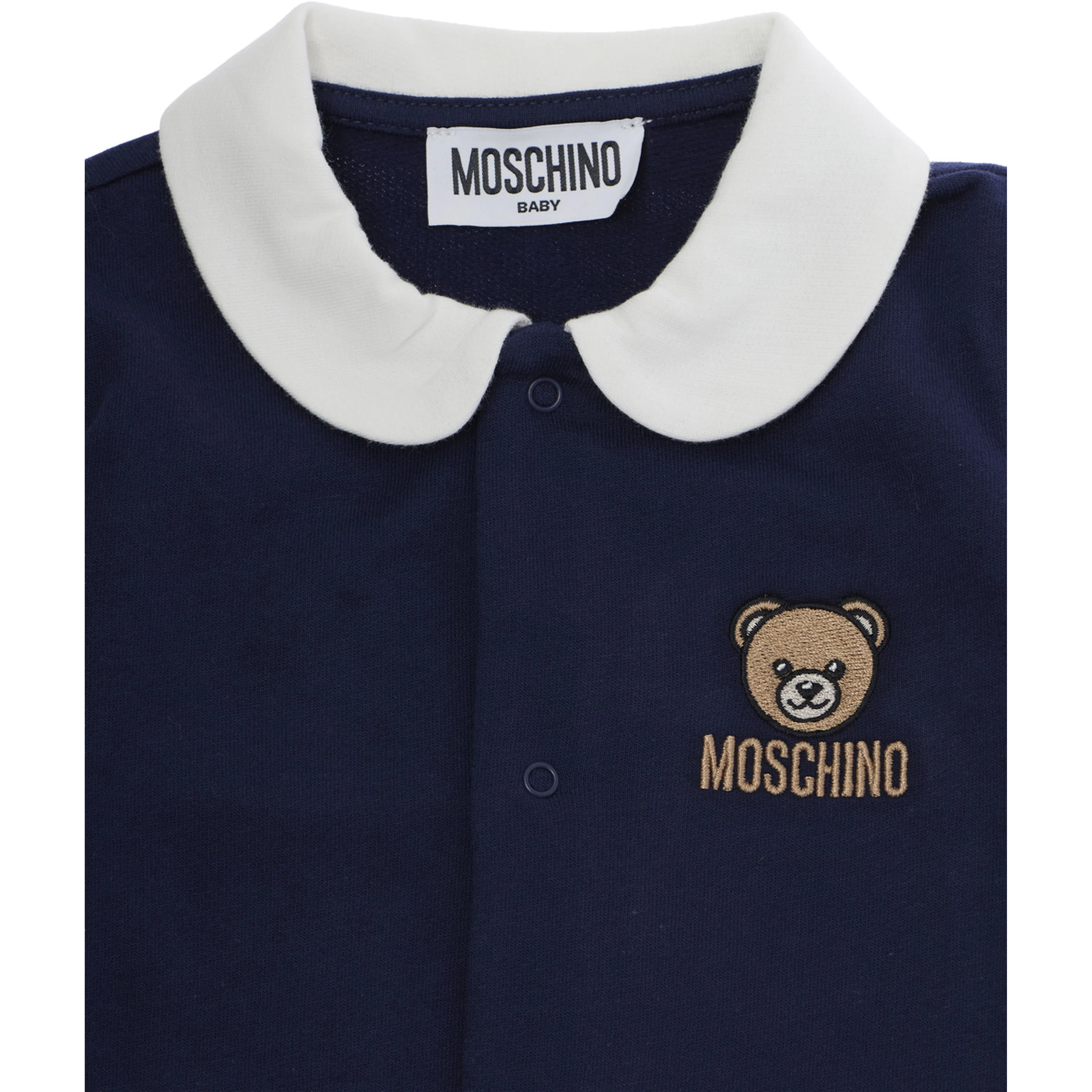 blue romper with classic collar and front logo in cotton Baby