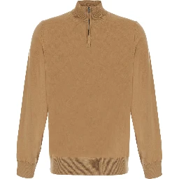 Beige Sweater with half zip closure on the front in wool for men