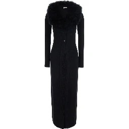 Black Long Dress with High Fur Collar in Wool for Women