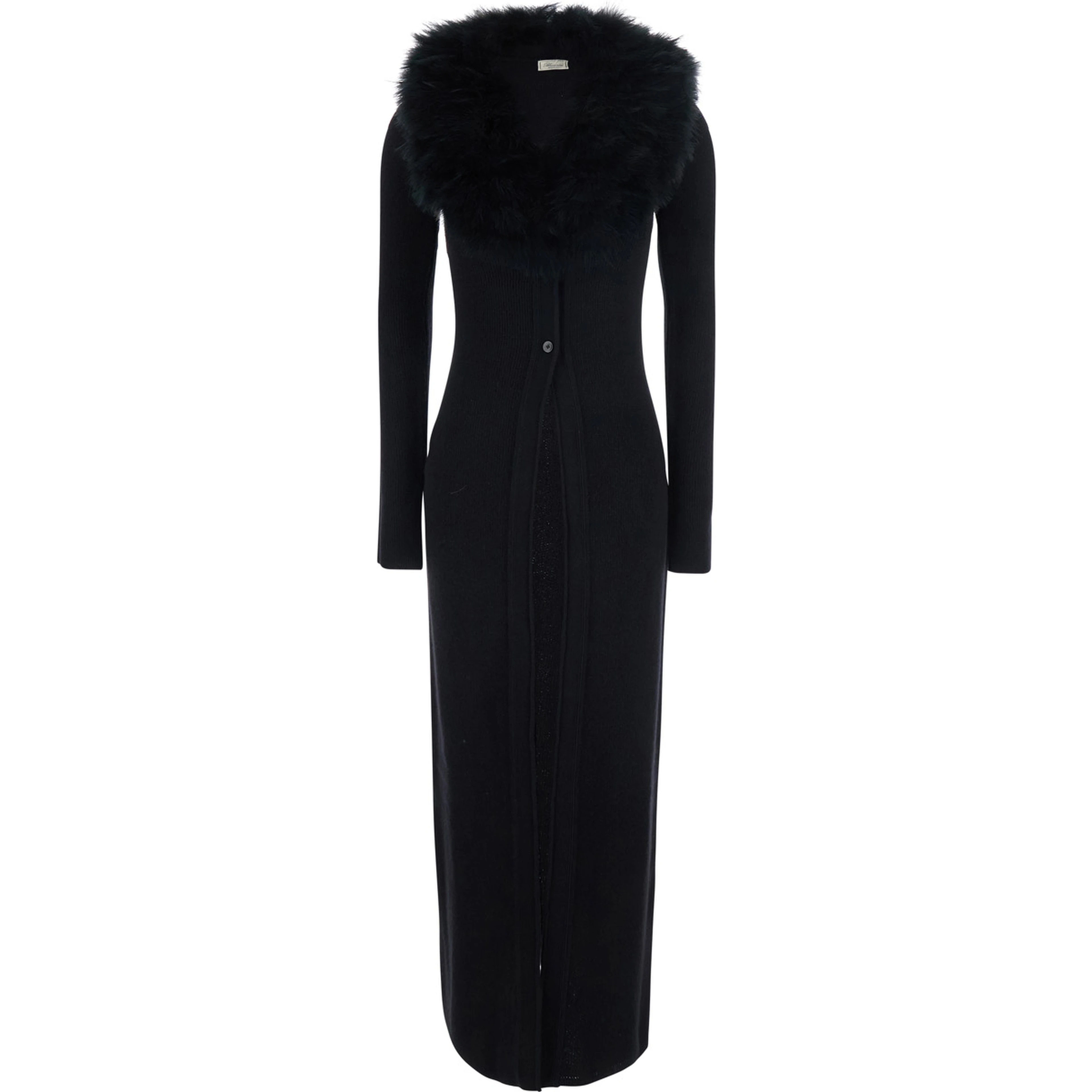 Black Long Dress with High Fur Collar in Wool for Women
