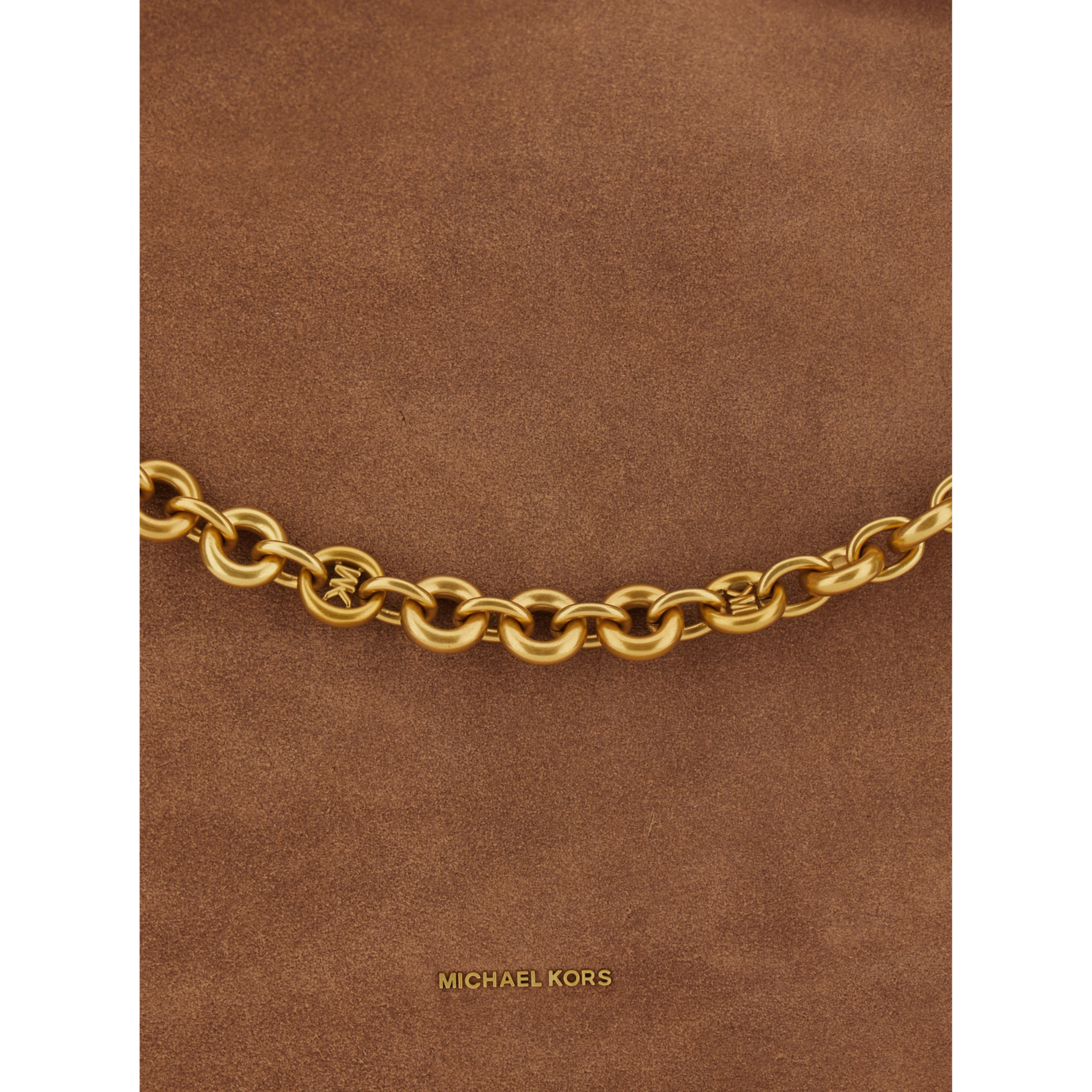 Brown Shoulder Bag with Chain Detail and Logo Lettering on the Front in Suede for Women