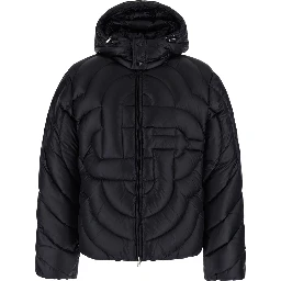 Black Down jacket with fixed hood and Monogram design in Tech Fabric for Men