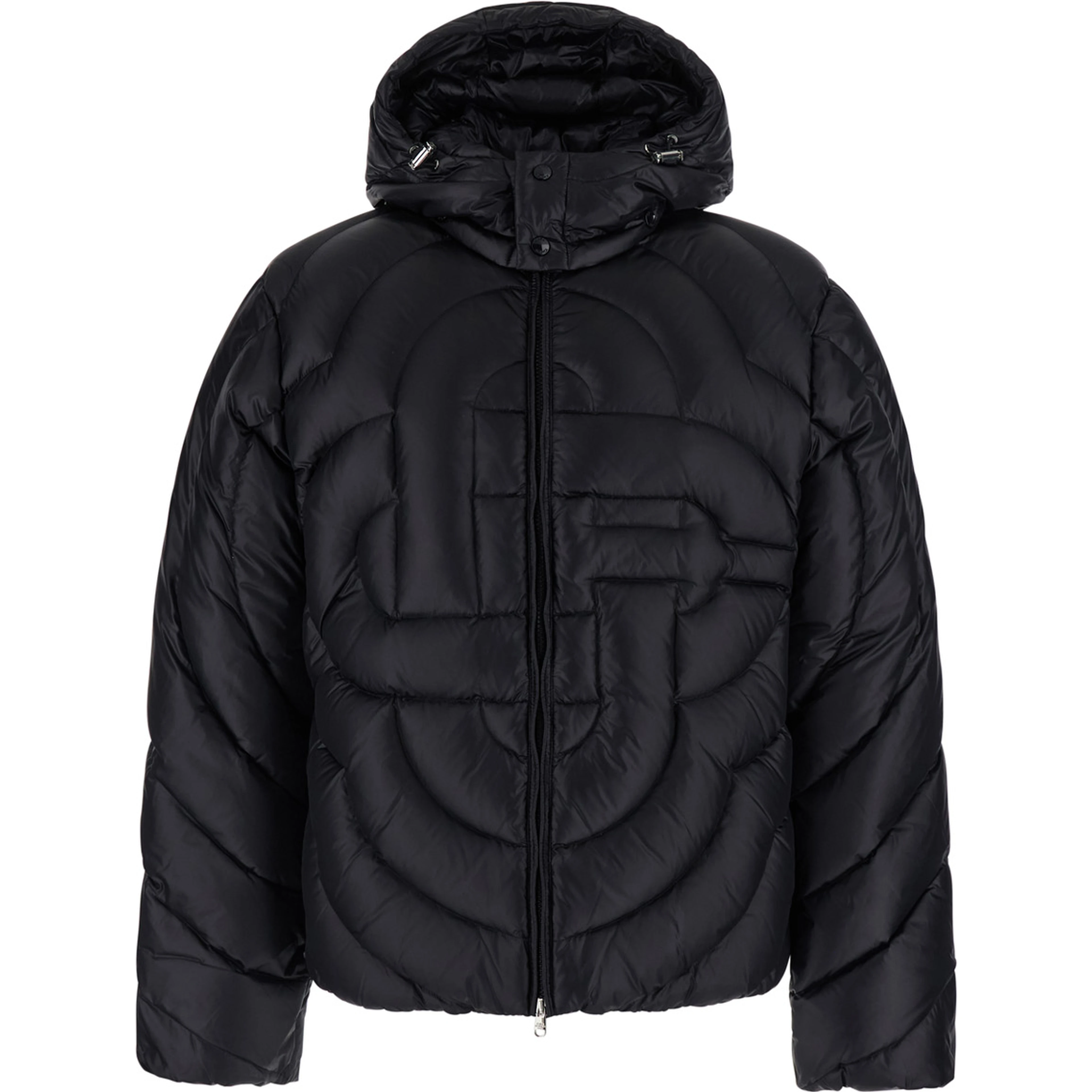 Black Down jacket with fixed hood and Monogram design in Tech Fabric for Men