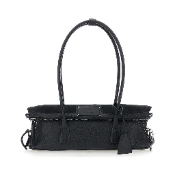 Black Shoulder bag with logo patch on the front and Four Stitches detail on the back in leather for women