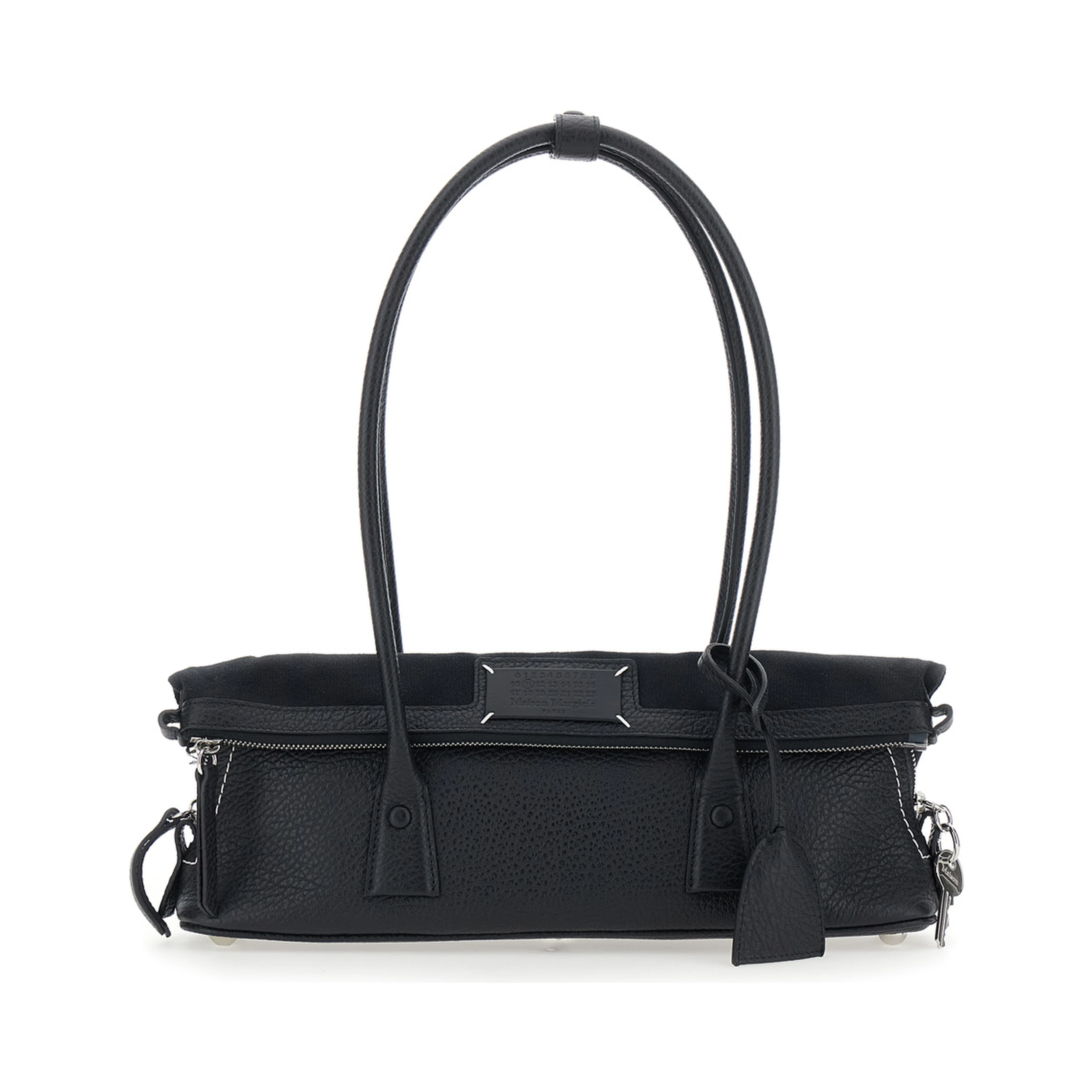 Black Shoulder bag with logo patch on the front and Four Stitches detail on the back in leather for women