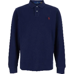 Slim Fit Blue Polo Shirt with Long Sleeves and Pony Embroidery on the Front in Cotton for Men