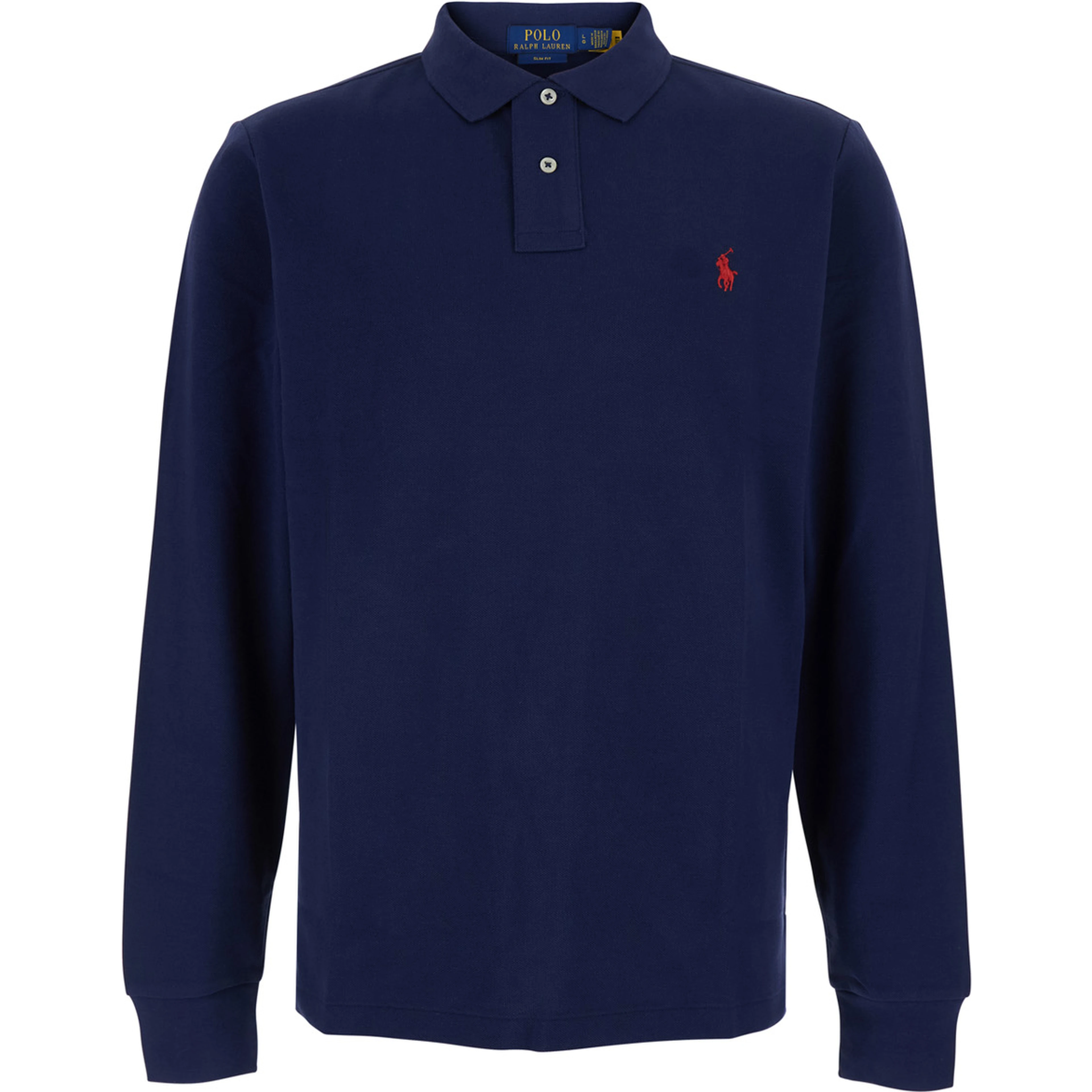 Slim Fit Blue Polo Shirt with Long Sleeves and Pony Embroidery on the Front in Cotton for Men