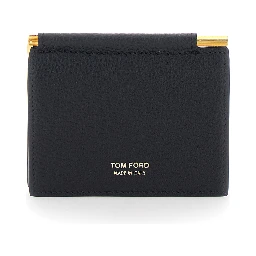 Black Bi-Fold Wallet with Money Clip and Logo Lettering on the Front in Leather for Men