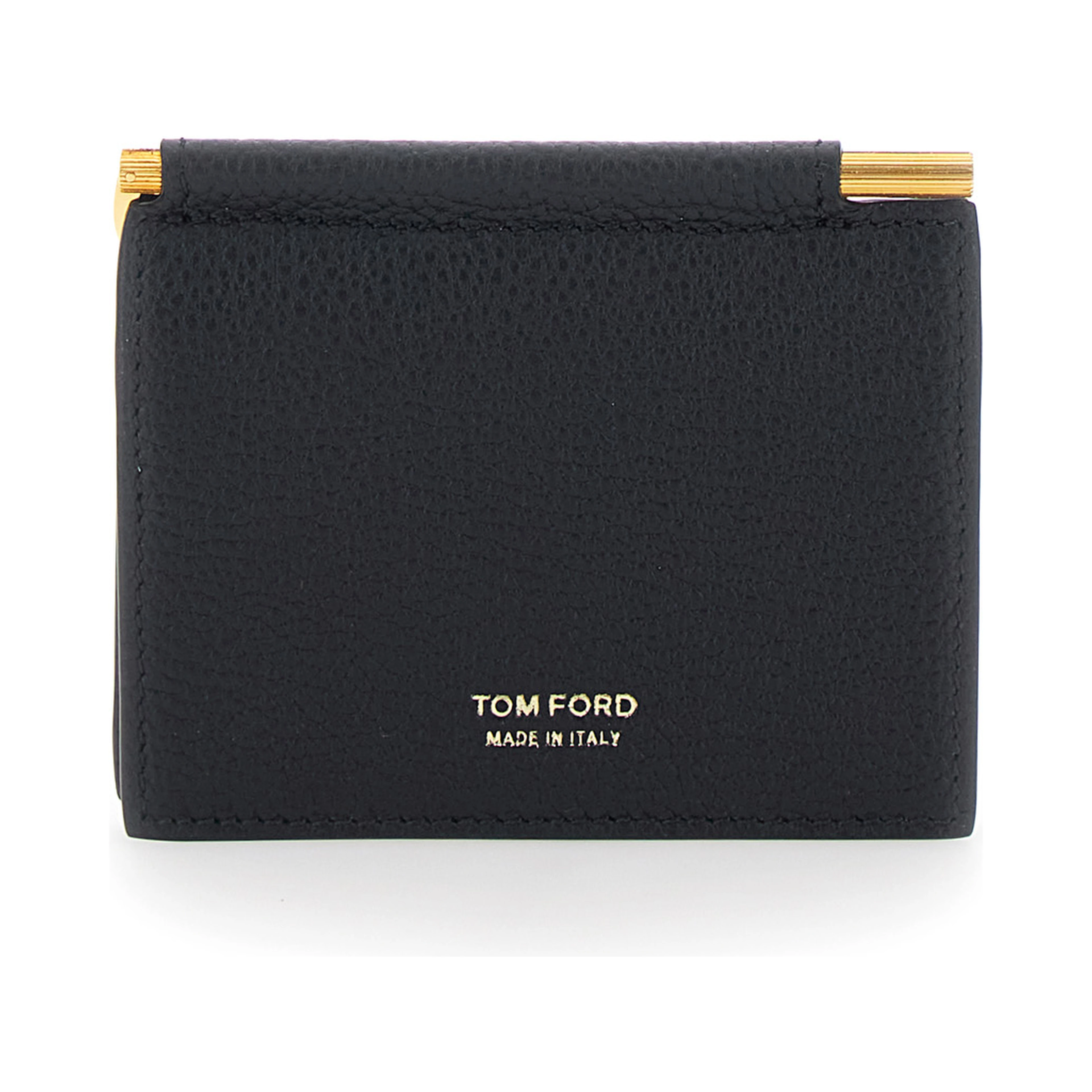 Black Bi-Fold Wallet with Money Clip and Logo Lettering on the Front in Leather for Men
