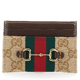 beige Card holder with metallic Horsebit and Web Stripe in fabric for women