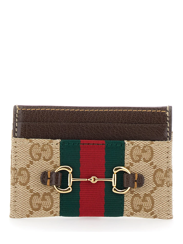 beige Card holder with metallic Horsebit and Web Stripe in fabric for women