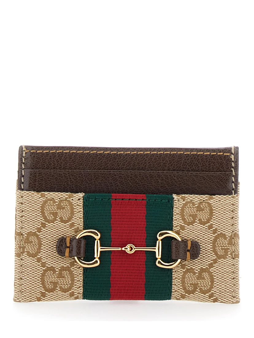 beige Card holder with metallic Horsebit and Web Stripe in fabric for women