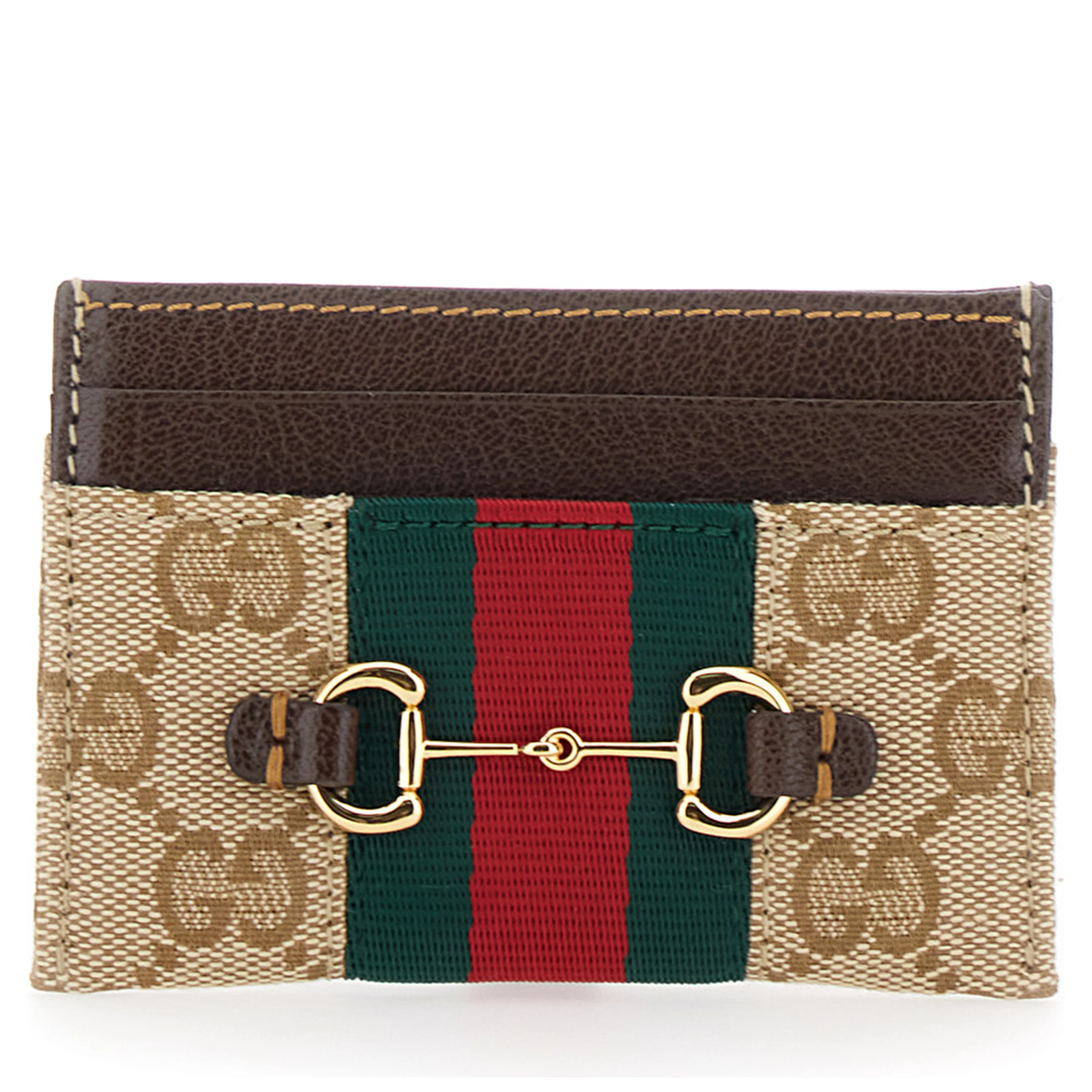 beige Card holder with metallic Horsebit and Web Stripe in fabric for women