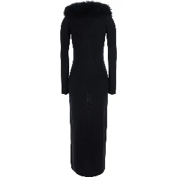 Black Long Dress with High Fur Collar in Wool for Women