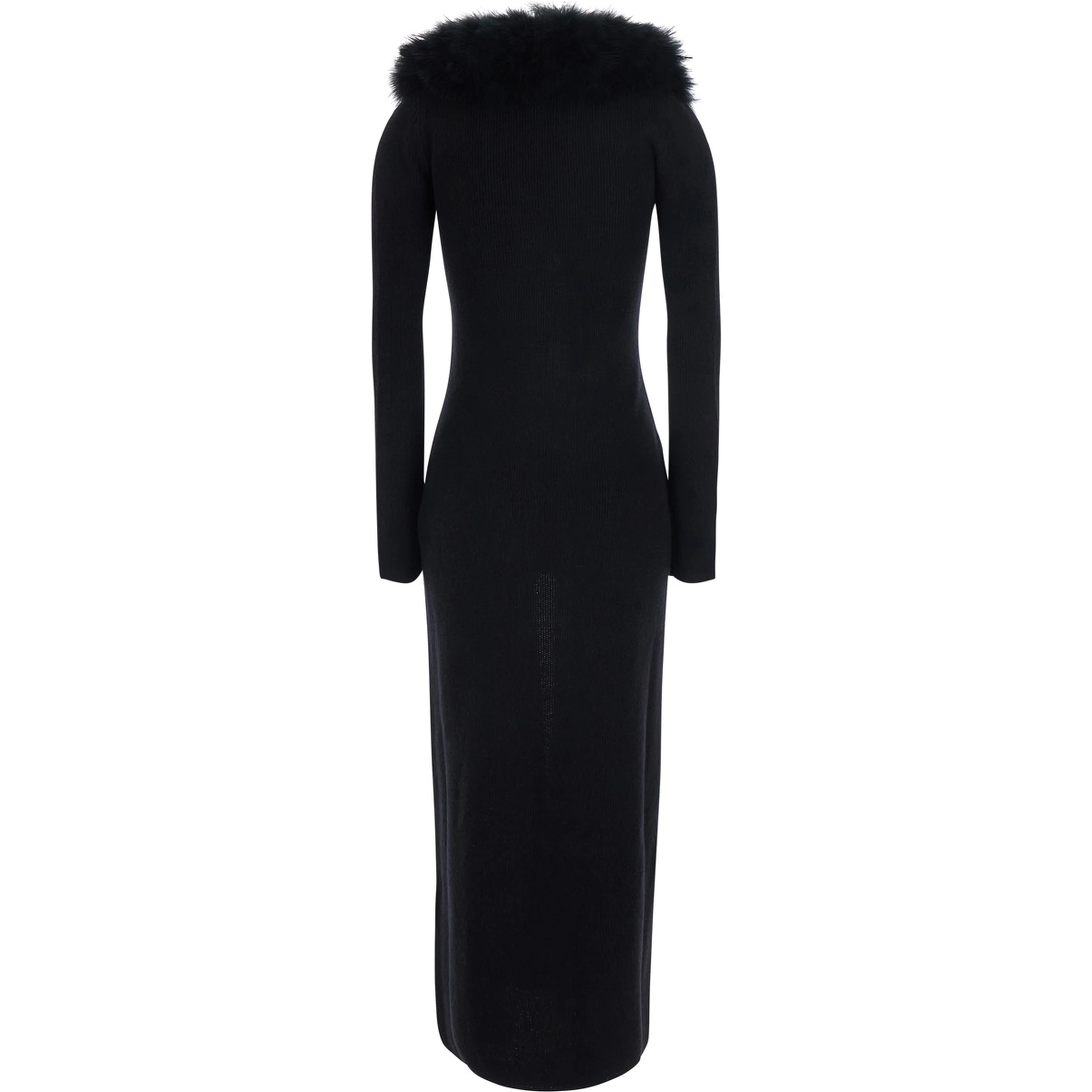 Black Long Dress with High Fur Collar in Wool for Women