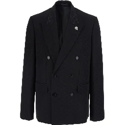 Black Double-breasted Jacket with Peak Revers and GG Motif in Cotton Blend for Men
