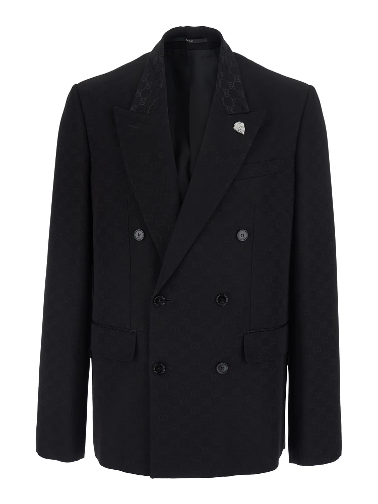 Black Double-breasted Jacket with Peak Revers and GG Motif in Cotton Blend for Men