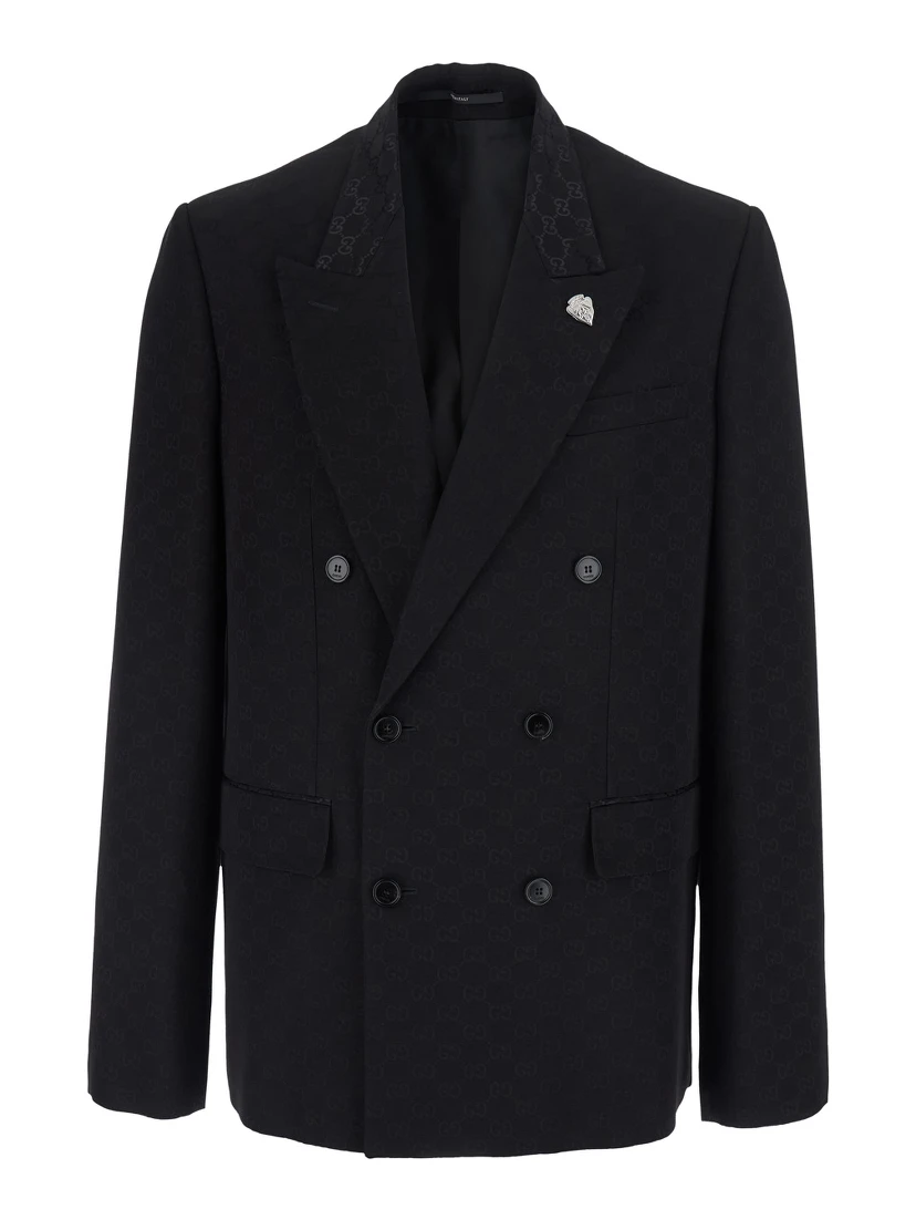 Black Double-breasted Jacket with Peak Revers and GG Motif in Cotton Blend for Men