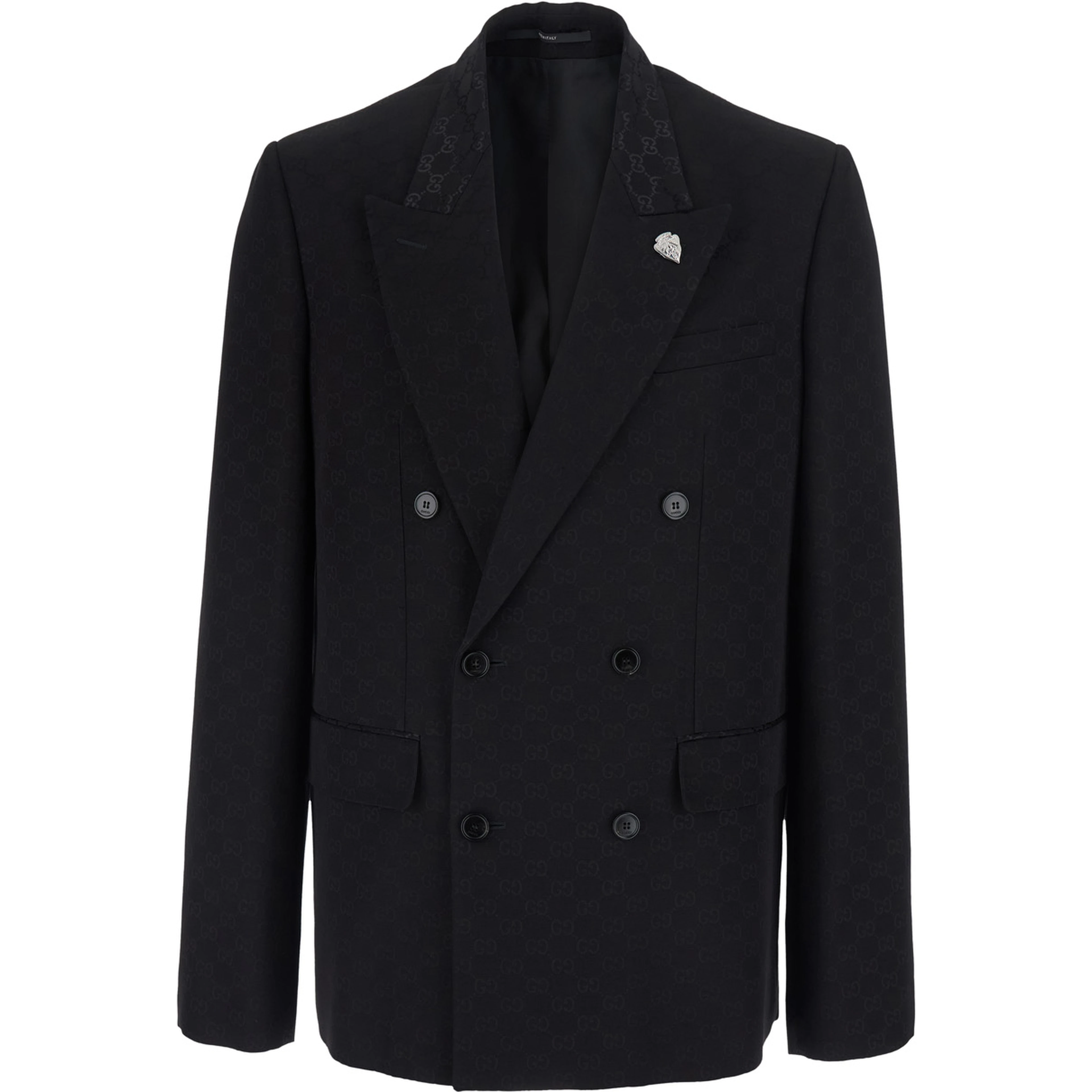 Black Double-breasted Jacket with Peak Revers and GG Motif in Cotton Blend for Men