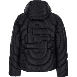 Black Down jacket with fixed hood and Monogram design in Tech Fabric for Men