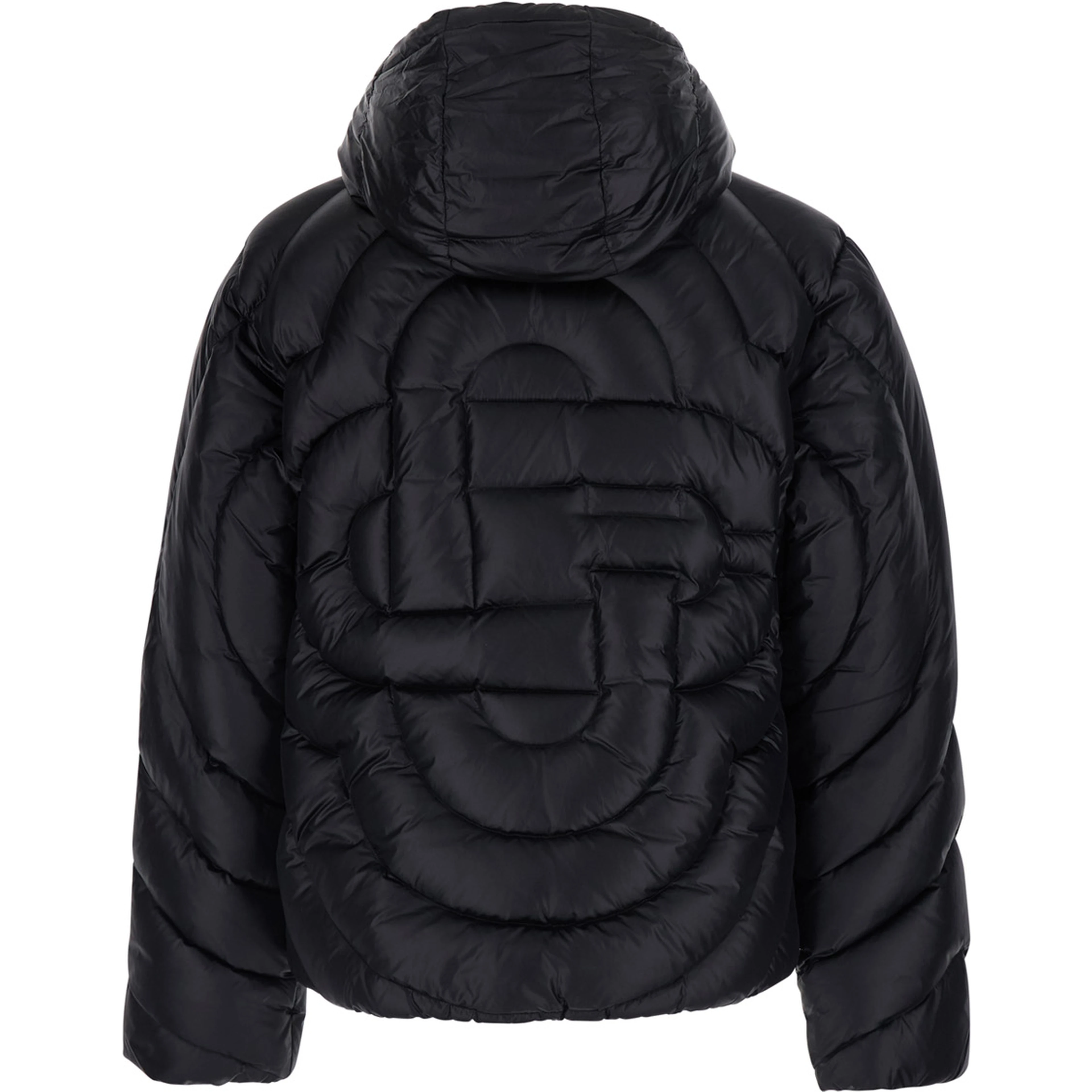 Black Down jacket with fixed hood and Monogram design in Tech Fabric for Men