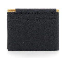 Black Bi-Fold Wallet with Money Clip and Logo Lettering on the Front in Leather for Men