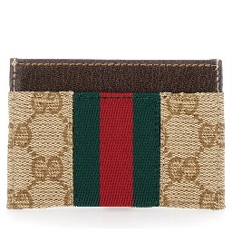 beige Card holder with metallic Horsebit and Web Stripe in fabric for women