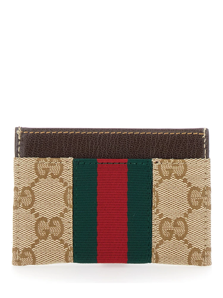 beige Card holder with metallic Horsebit and Web Stripe in fabric for women alternative