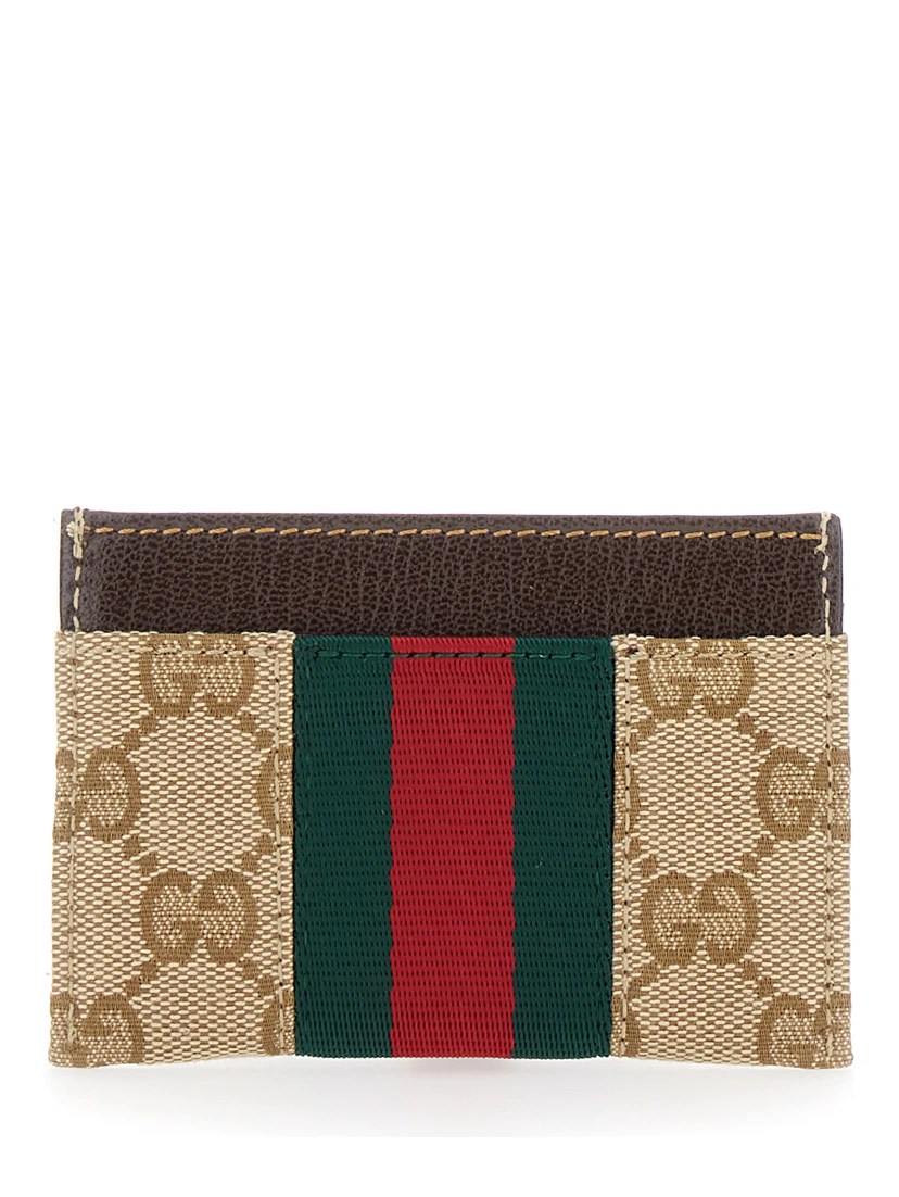 beige Card holder with metallic Horsebit and Web Stripe in fabric for women