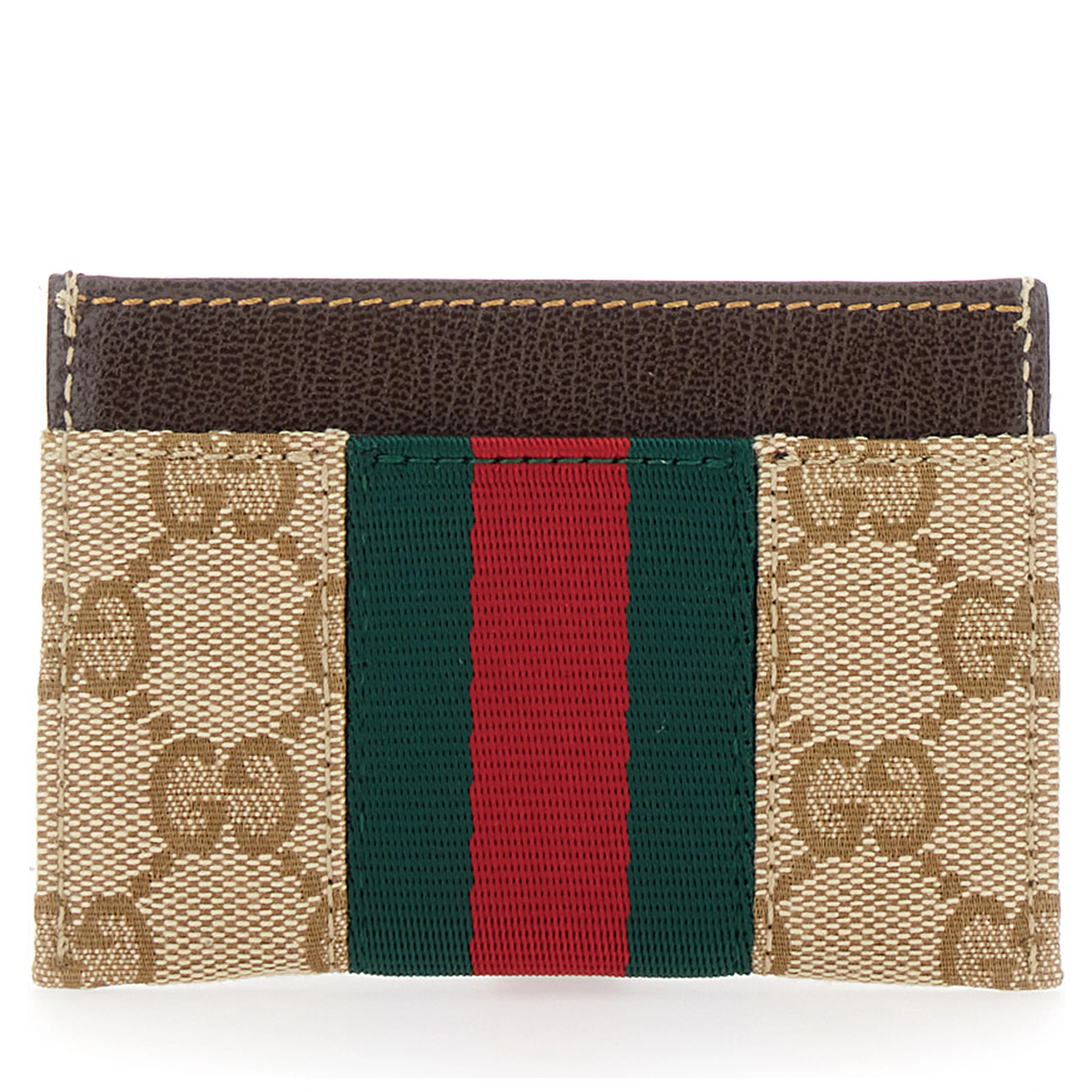 beige Card holder with metallic Horsebit and Web Stripe in fabric for women