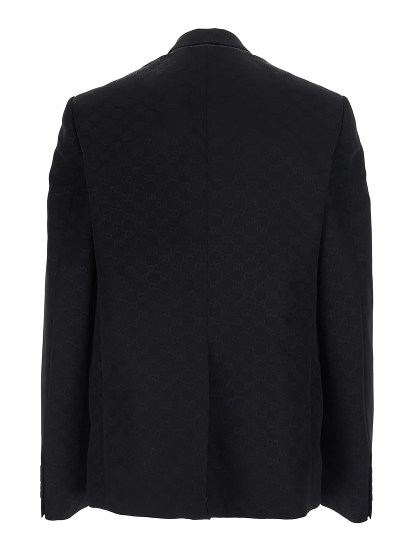 Black Double-breasted Jacket with Peak Revers and GG Motif in Cotton Blend for Men