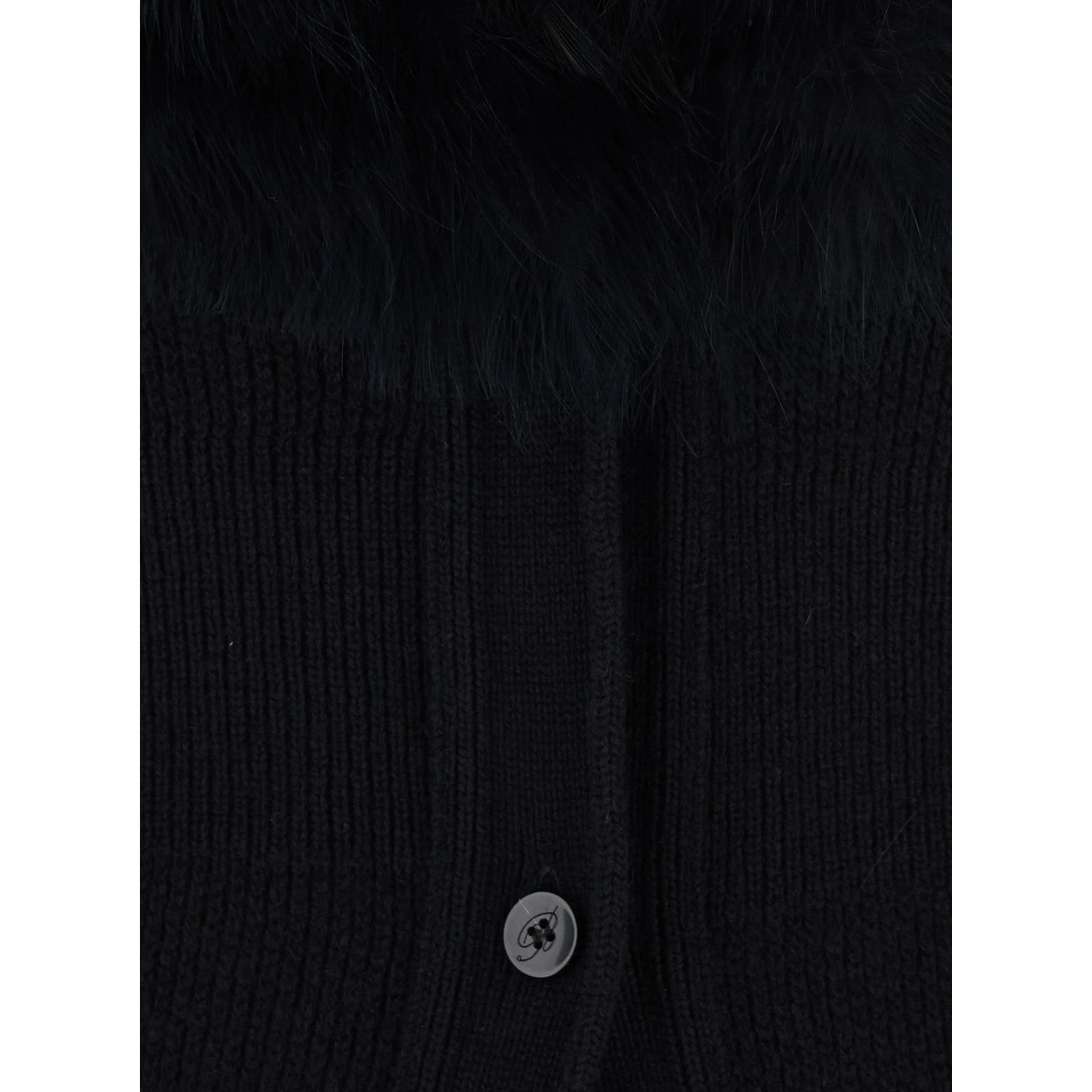 Black Long Dress with High Fur Collar in Wool for Women
