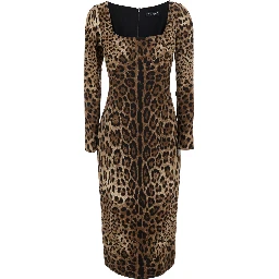 Brown Midi Dress with Square Neckline and All-Over Leopard Motif in Stretch Viscose for Women