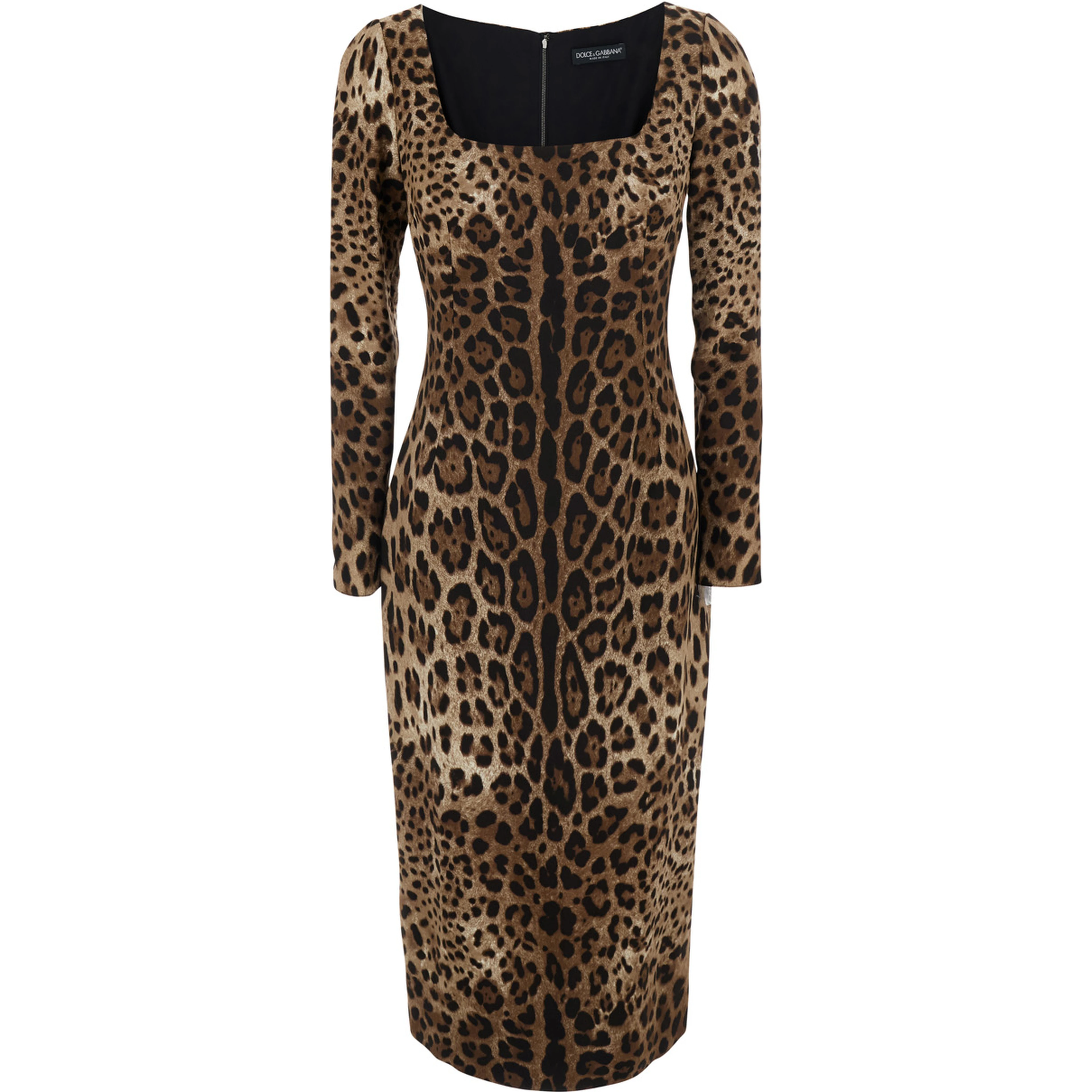 Brown Midi Dress with Square Neckline and All-Over Leopard Motif in Stretch Viscose for Women