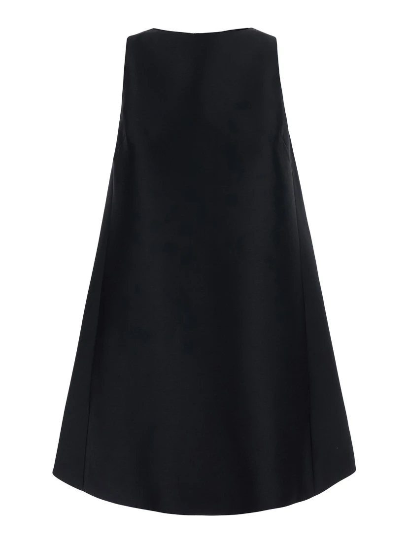 Black round-neck dress with flared design in silk and wool women