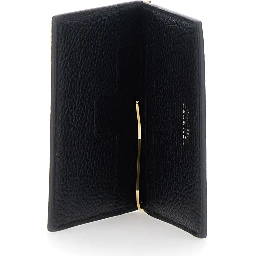 Black Bi-Fold Wallet with Money Clip and Logo Lettering on the Front in Leather for Men