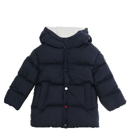 Blue Short Parka with Hood and Logo Patch on Sleeve in Tech Fabric Baby